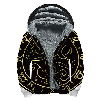 Gold And Black Gemini Sign Print Sherpa Lined Zip Up Hoodie