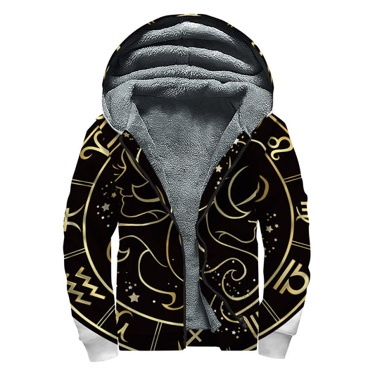 Gold And Black Gemini Sign Print Sherpa Lined Zip Up Hoodie