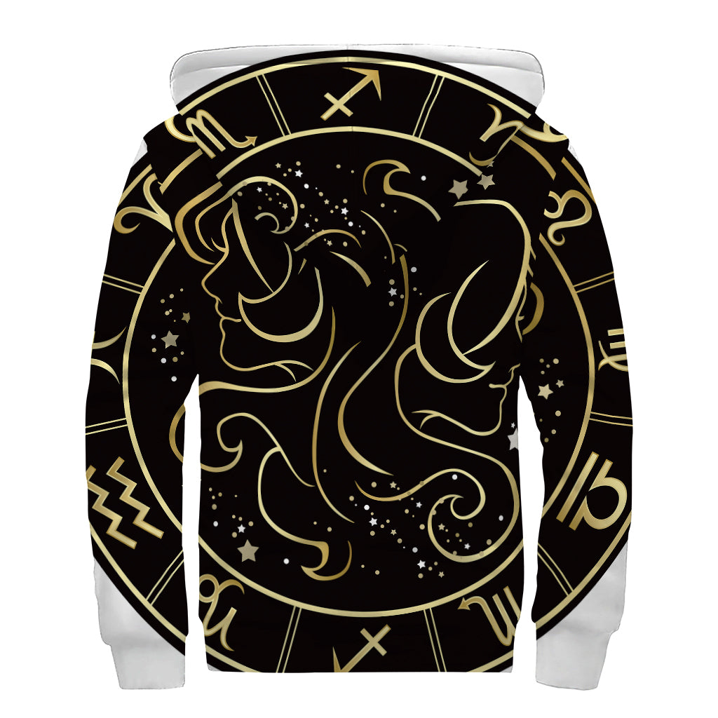 Gold And Black Gemini Sign Print Sherpa Lined Zip Up Hoodie