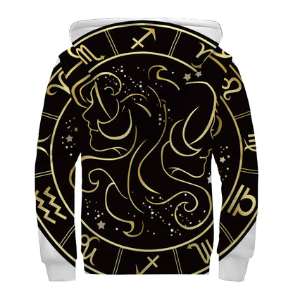 Gold And Black Gemini Sign Print Sherpa Lined Zip Up Hoodie