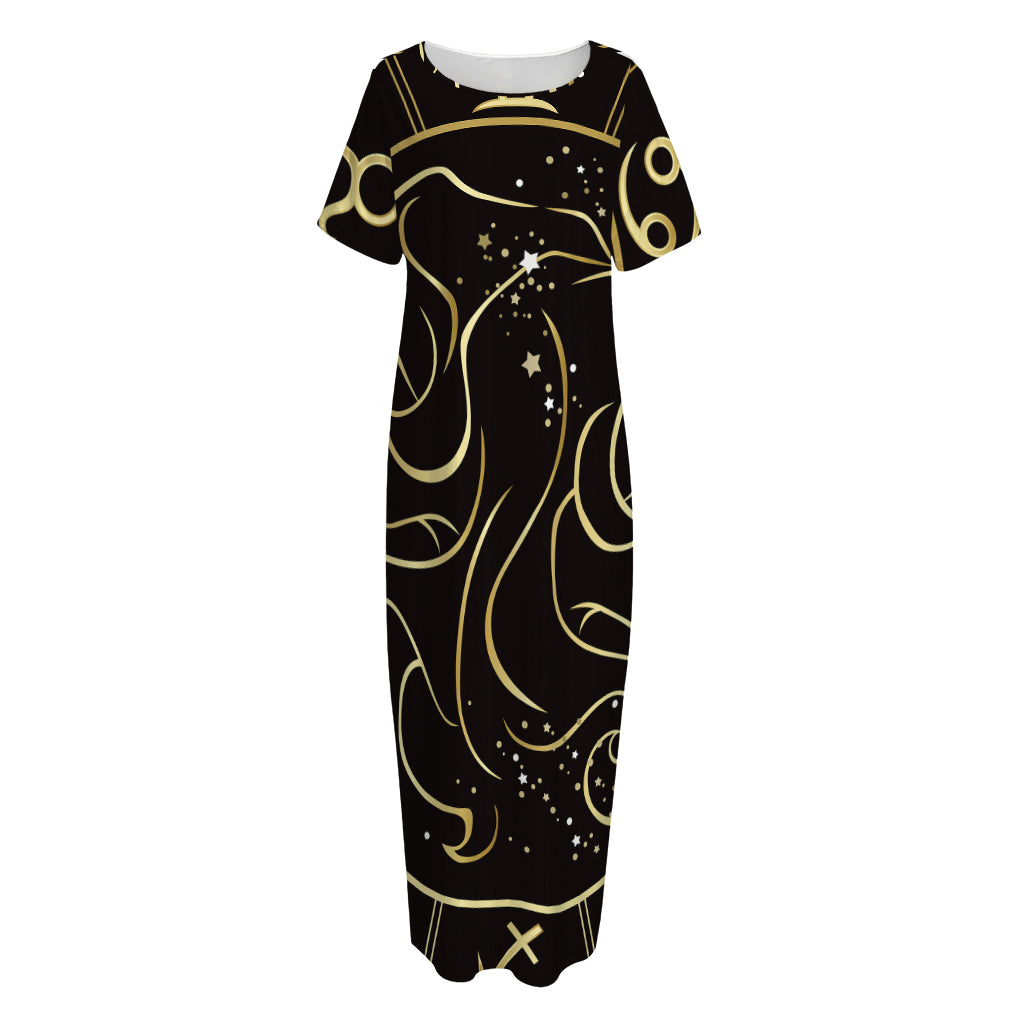 Gold And Black Gemini Sign Print Short Sleeve Long Nightdress