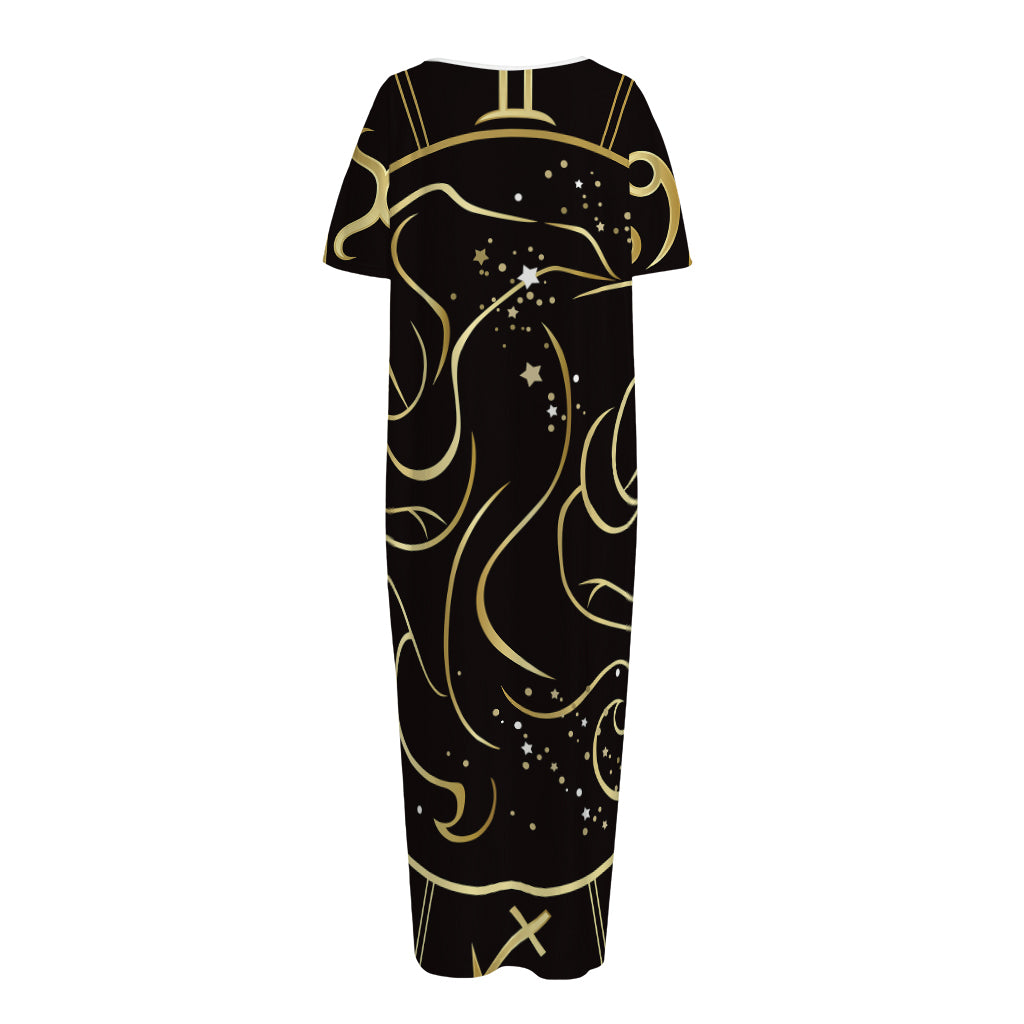 Gold And Black Gemini Sign Print Short Sleeve Long Nightdress