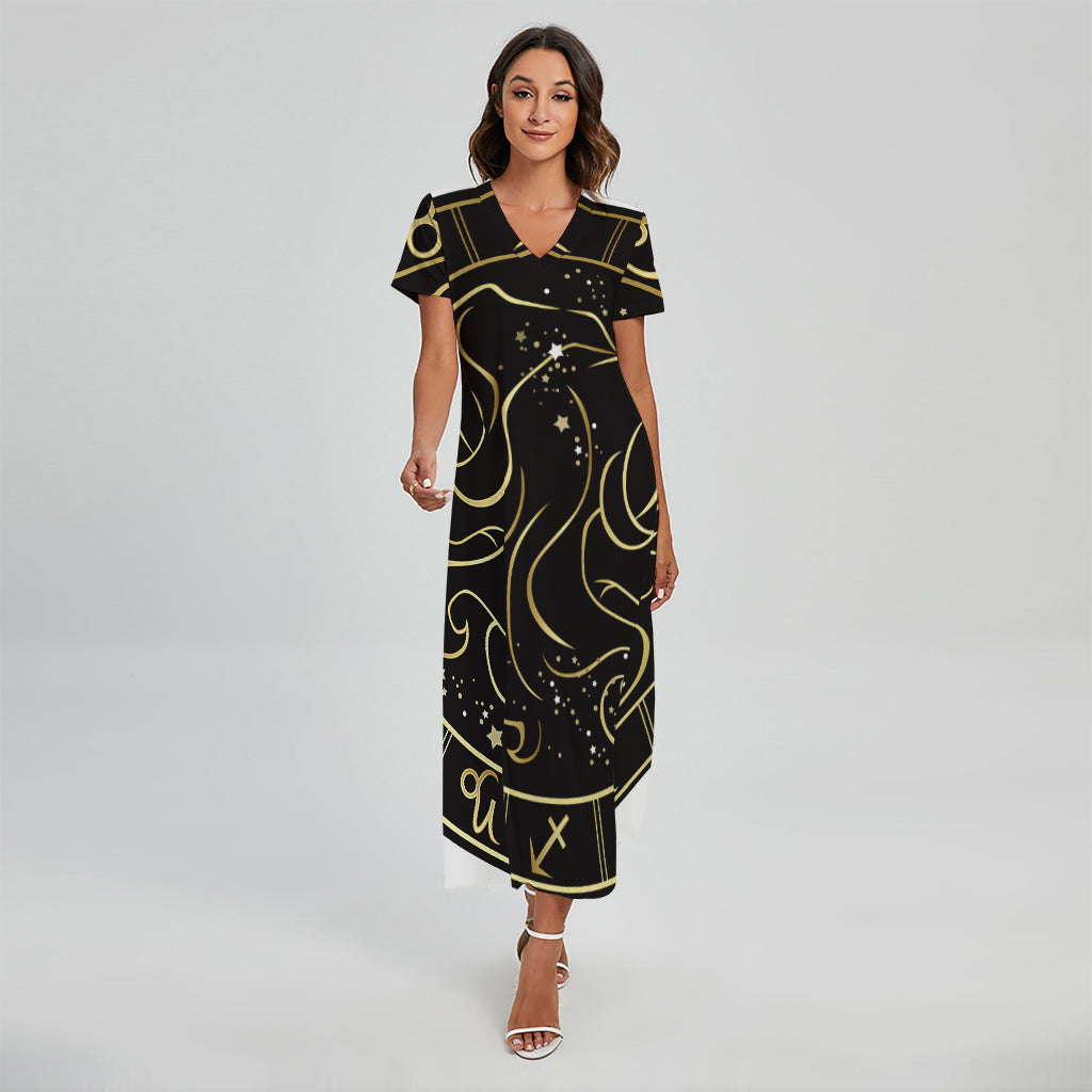 Gold And Black Gemini Sign Print Short Sleeve Maxi Dress