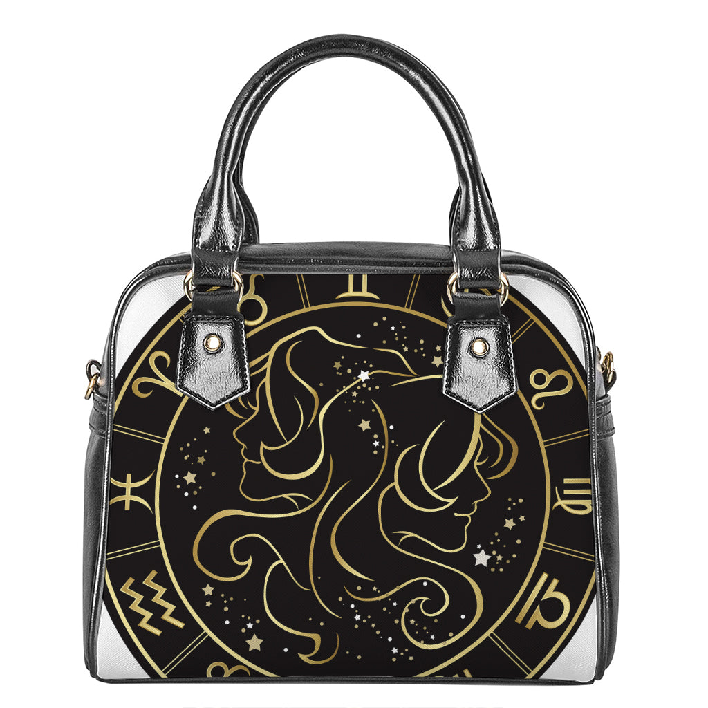 Gold And Black Gemini Sign Print Shoulder Handbag