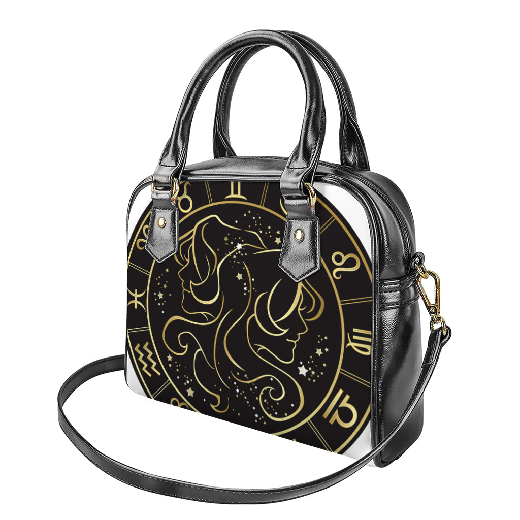 Gold And Black Gemini Sign Print Shoulder Handbag