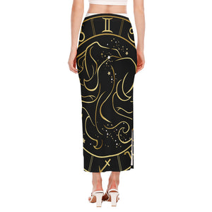 Gold And Black Gemini Sign Print Side Slit Maxi Skirt