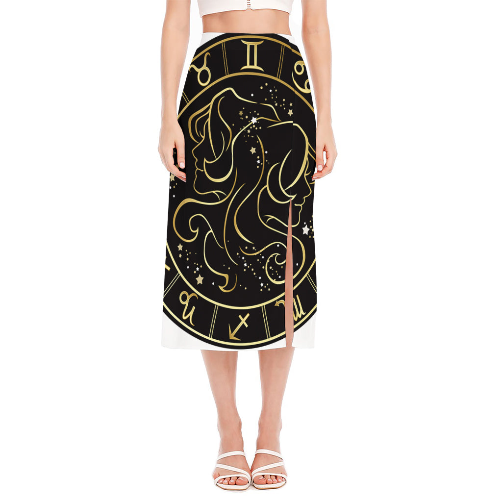 Gold And Black Gemini Sign Print Side Slit Midi Skirt