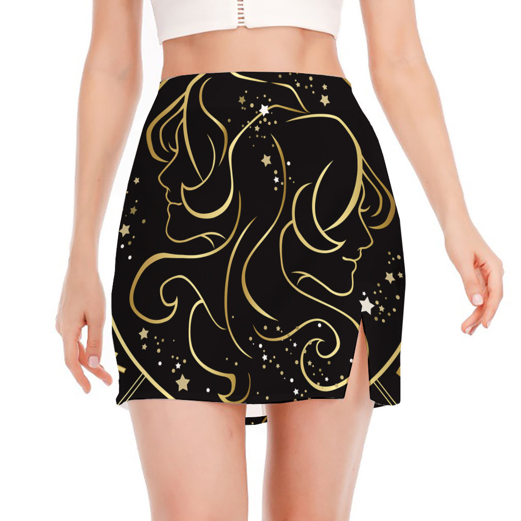 Gold And Black Gemini Sign Print Side Slit Mini Skirt