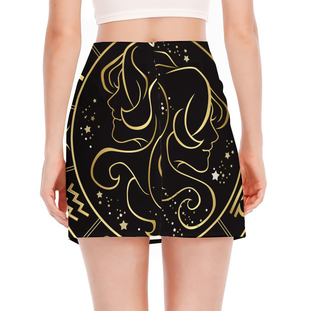 Gold And Black Gemini Sign Print Side Slit Mini Skirt