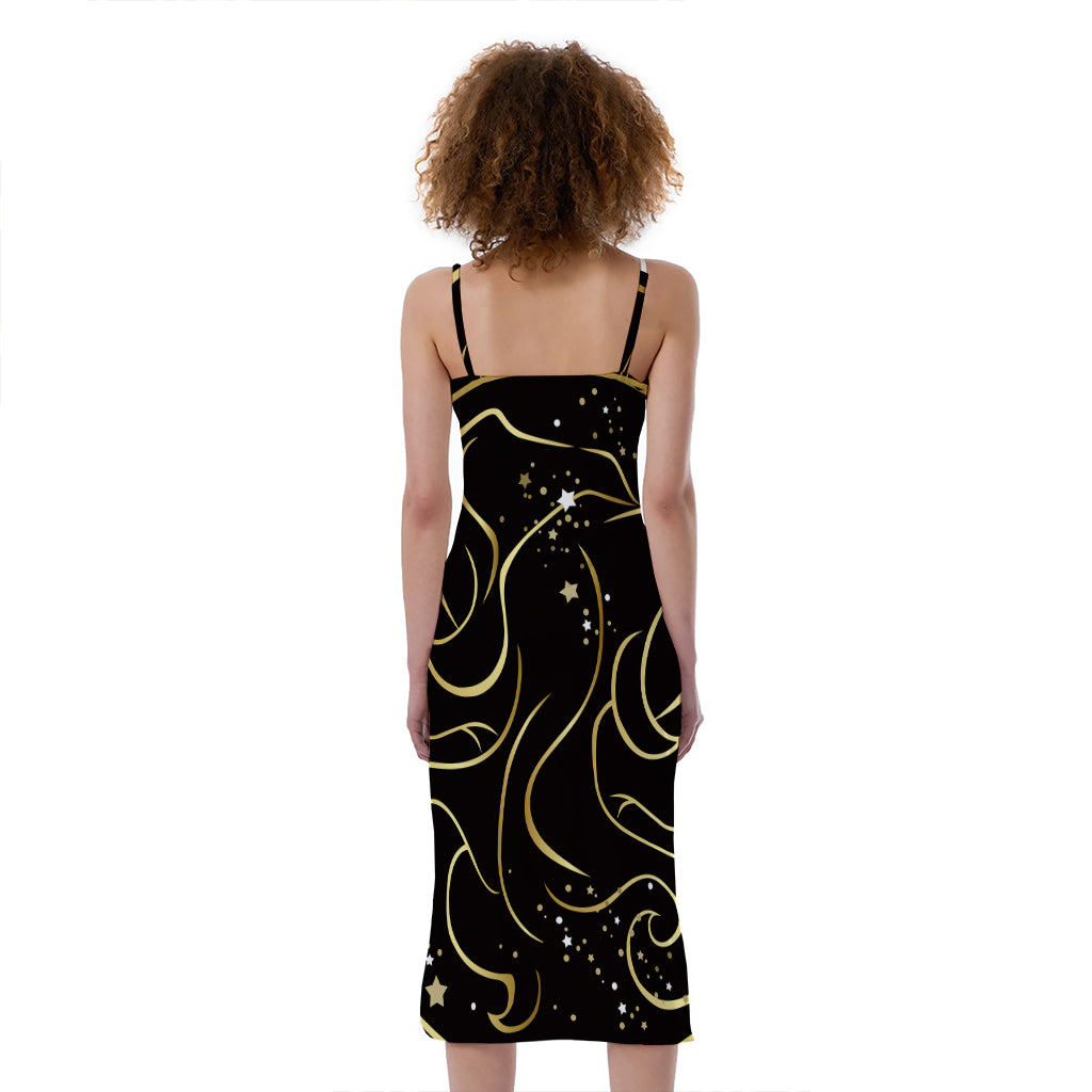 Gold And Black Gemini Sign Print Slim Fit Midi Cami Dress