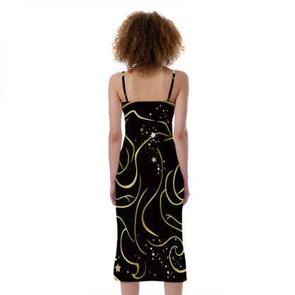 Gold And Black Gemini Sign Print Slim Fit Midi Cami Dress