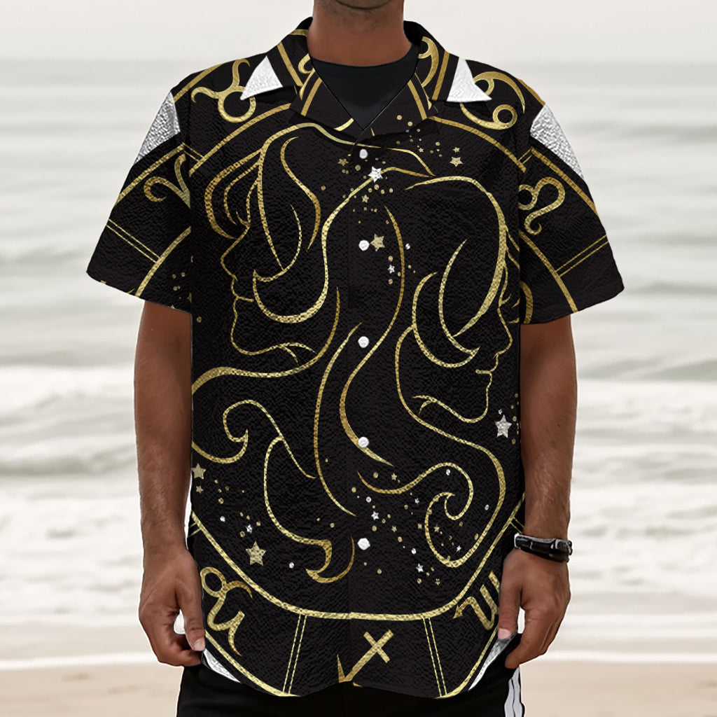 Gold And Black Gemini Sign Print Textured Short Sleeve Shirt