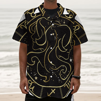 Gold And Black Gemini Sign Print Textured Short Sleeve Shirt