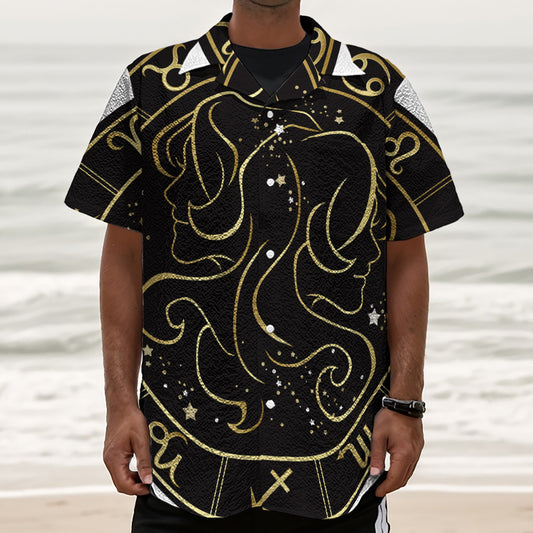 Gold And Black Gemini Sign Print Textured Short Sleeve Shirt