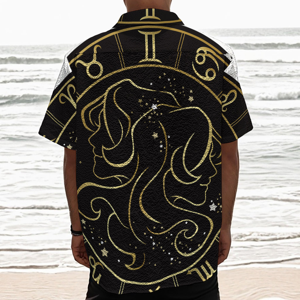 Gold And Black Gemini Sign Print Textured Short Sleeve Shirt