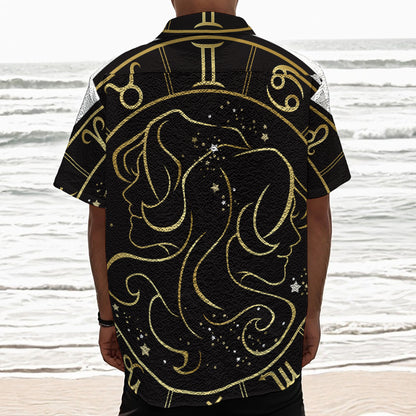 Gold And Black Gemini Sign Print Textured Short Sleeve Shirt