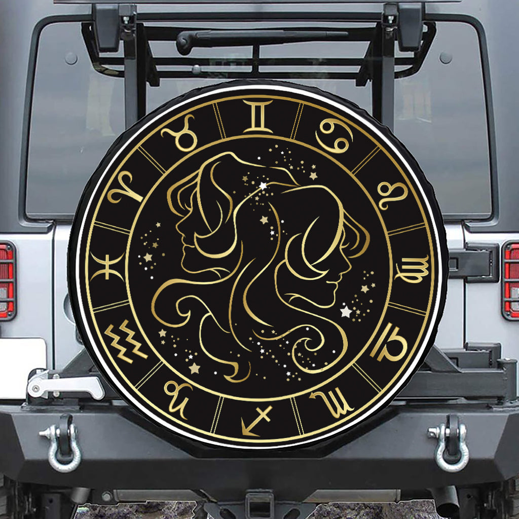 Gold And Black Gemini Sign Print Tire Cover