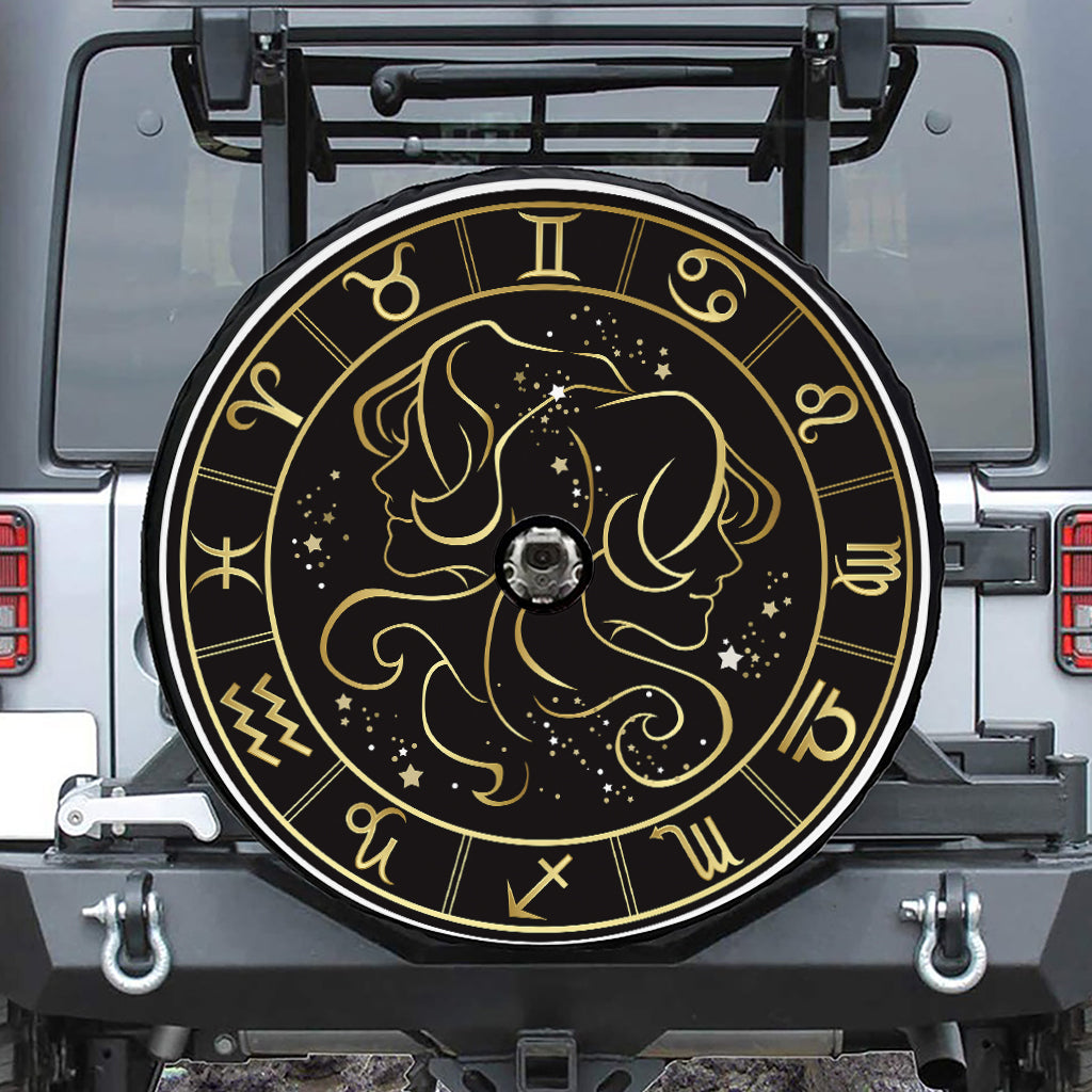 Gold And Black Gemini Sign Print Tire Cover With Camera Hole