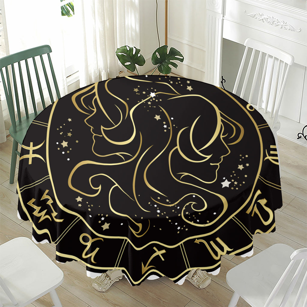 Gold And Black Gemini Sign Print Waterproof Round Tablecloth