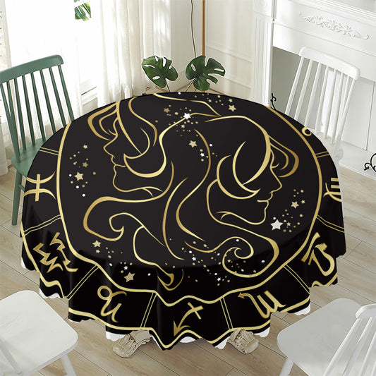 Gold And Black Gemini Sign Print Waterproof Round Tablecloth