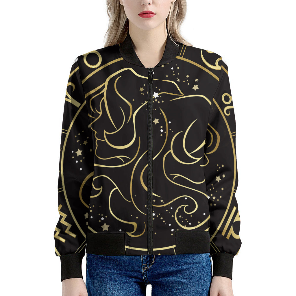 Gold And Black Gemini Sign Print Women's Bomber Jacket