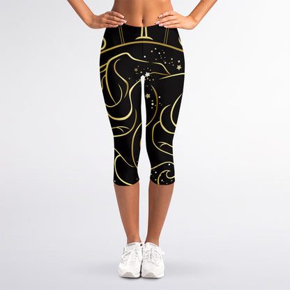 Gold And Black Gemini Sign Print Women's Capri Leggings