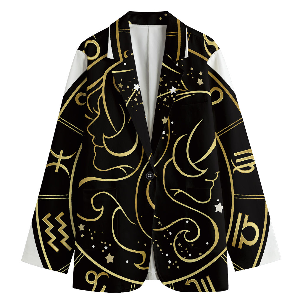 Gold And Black Gemini Sign Print Women's Cotton Blazer