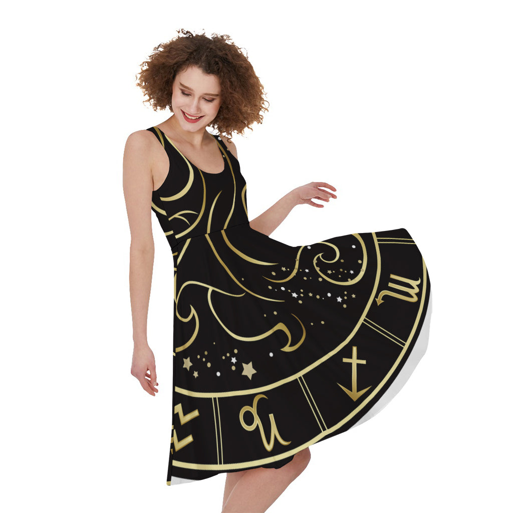 Gold And Black Gemini Sign Print Women's Sleeveless Dress