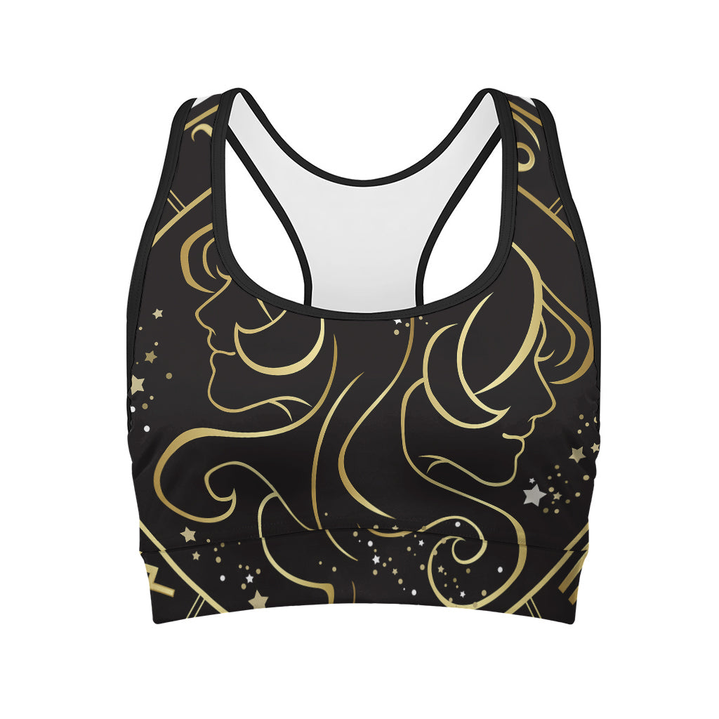 Gold And Black Gemini Sign Print Women's Sports Bra