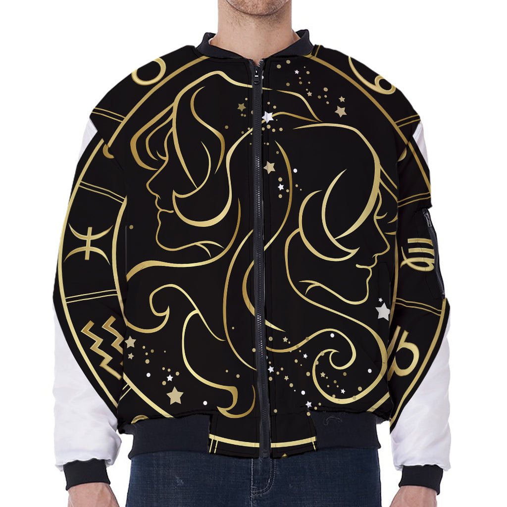 Gold And Black Gemini Sign Print Zip Sleeve Bomber Jacket