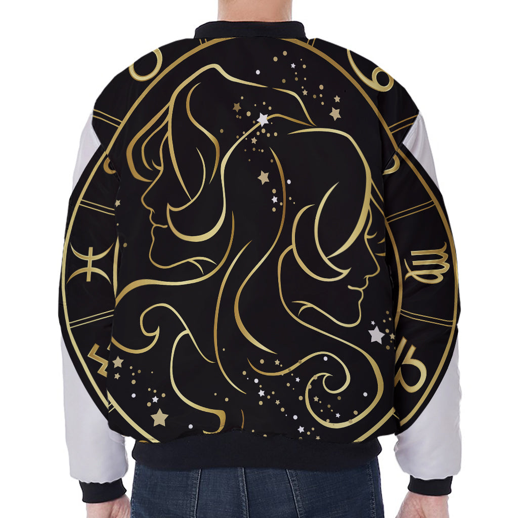 Gold And Black Gemini Sign Print Zip Sleeve Bomber Jacket