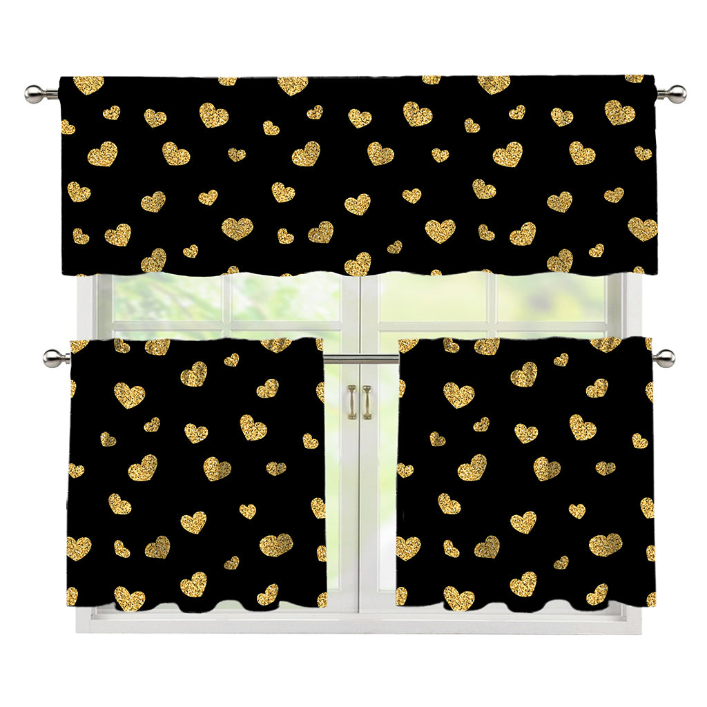 Gold And Black Heart Pattern Print 3 Piece Kitchen Curtains