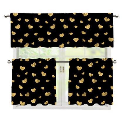 Gold And Black Heart Pattern Print 3 Piece Kitchen Curtains