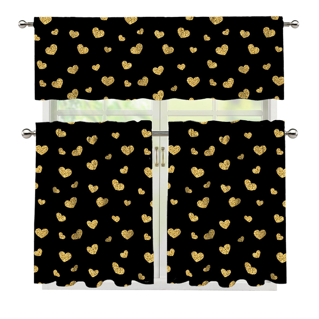 Gold And Black Heart Pattern Print 3 Piece Kitchen Curtains