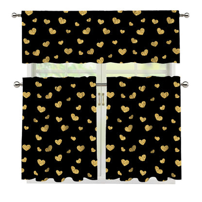 Gold And Black Heart Pattern Print 3 Piece Kitchen Curtains
