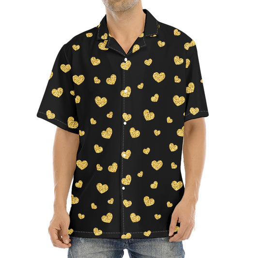 Gold And Black Heart Pattern Print Aloha Shirt