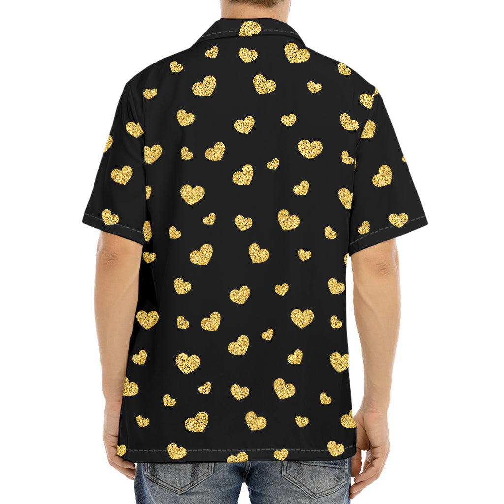 Gold And Black Heart Pattern Print Aloha Shirt