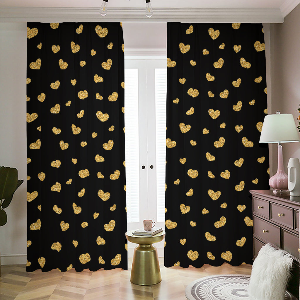 Gold And Black Heart Pattern Print Blackout Pencil Pleat Curtains