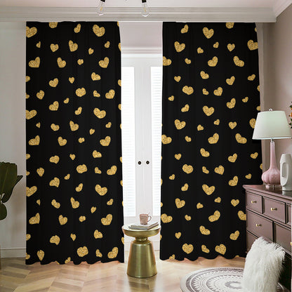 Gold And Black Heart Pattern Print Blackout Pencil Pleat Curtains
