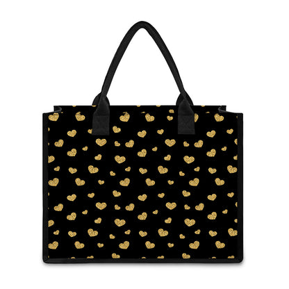 Gold And Black Heart Pattern Print Canvas Tote Bag