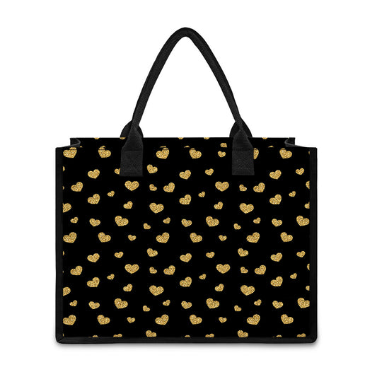 Gold And Black Heart Pattern Print Canvas Tote Bag