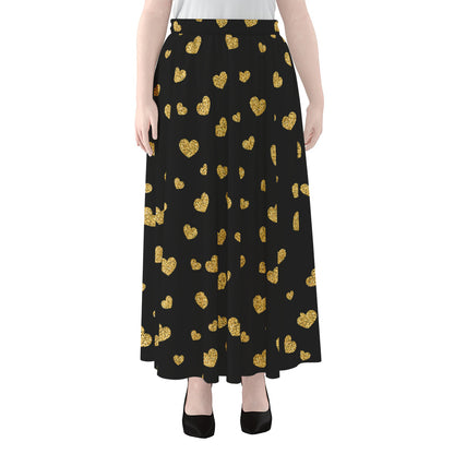 Gold And Black Heart Pattern Print Chiffon Maxi Skirt