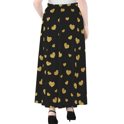 Gold And Black Heart Pattern Print Chiffon Maxi Skirt
