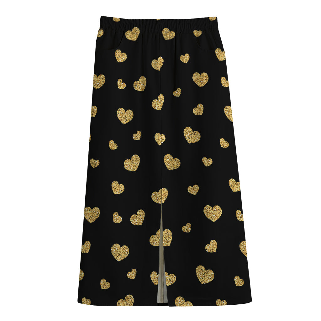Gold And Black Heart Pattern Print Cotton Front Slit Maxi Skirt