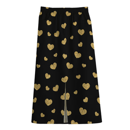 Gold And Black Heart Pattern Print Cotton Front Slit Maxi Skirt