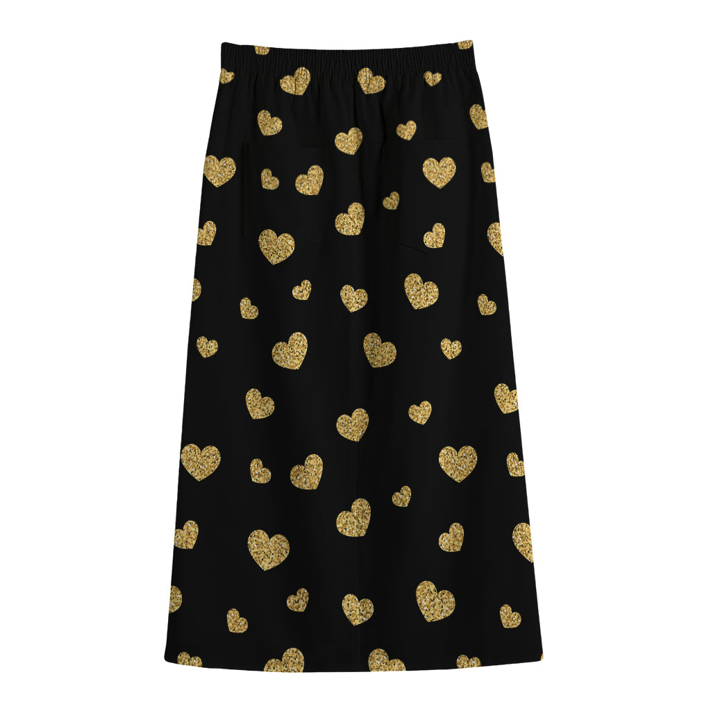 Gold And Black Heart Pattern Print Cotton Front Slit Maxi Skirt