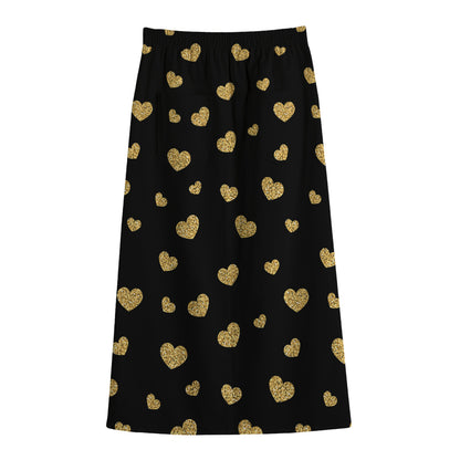 Gold And Black Heart Pattern Print Cotton Front Slit Maxi Skirt