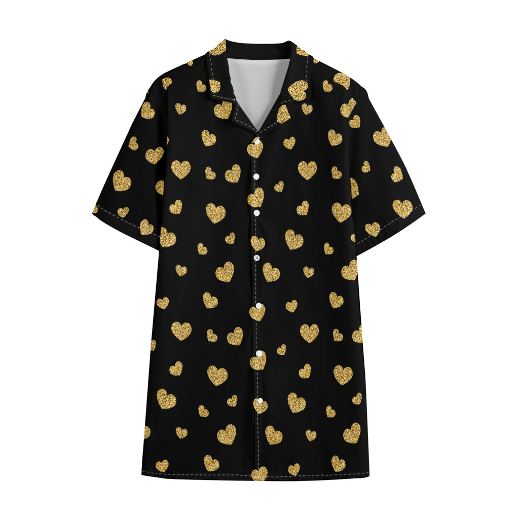 Gold And Black Heart Pattern Print Cotton Hawaiian Shirt