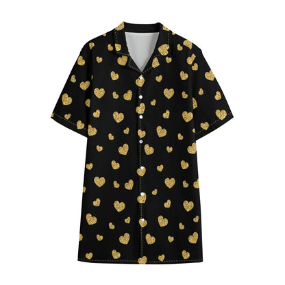 Gold And Black Heart Pattern Print Cotton Hawaiian Shirt