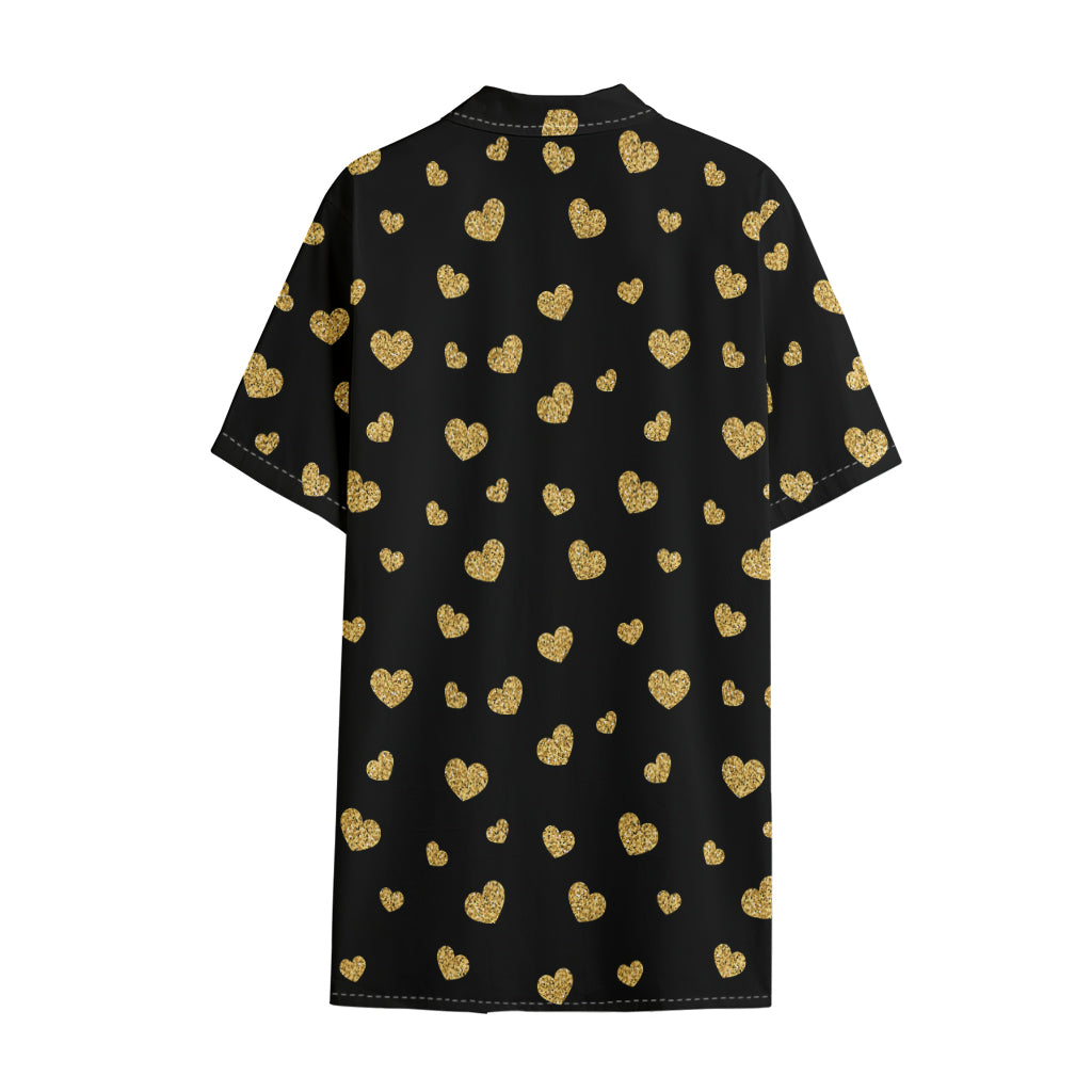 Gold And Black Heart Pattern Print Cotton Hawaiian Shirt